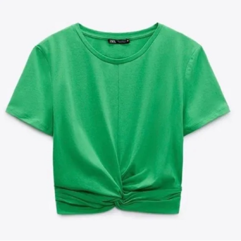 Zara Cropped Green Twist Front Knotted T shirt